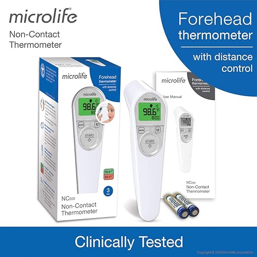 Microlife Non-Contact Forehead Thermometer, Digital Infrared No-Touch Thermometer (for Adults, Kids & Baby), Large Backlit LCD Screen, Fever Alarm, Memories & Instant Accurate Readings