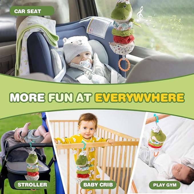 Jollybaby Baby Musical Pull String Hanging Toy for Stroller Car Seat Crib Play Gym, Plush Stuffed Dinasour Toy for Carseat with Music Teether Crinkle Paper, Sensory Toy for 0-6-12-18 Months Baby Gift