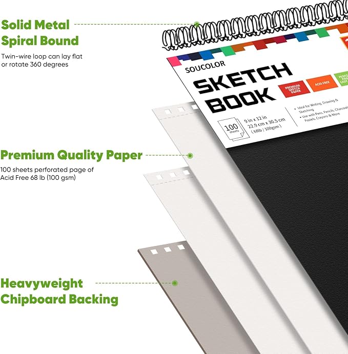 Soucolor Artist 9x12 Sketch Book Set, 4 Pack 100-Sheet Spiral Drawing Pads (68lb/100gsm) | Acid-Free Drawing Paper for Teens, Adults Classroom Art Supplies, Charcoal, Graphite, Pastel Pencils & Sticks