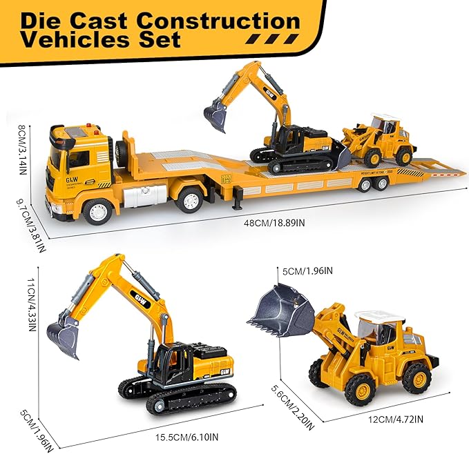 Toddler Boys Toys for 3-5 Years Old, Construction Toy Set w/Semi Truck, Excavator, Bulldozer, Alloy Engineering Construction Vehicles Truck Toys for Boys Age 4-7
