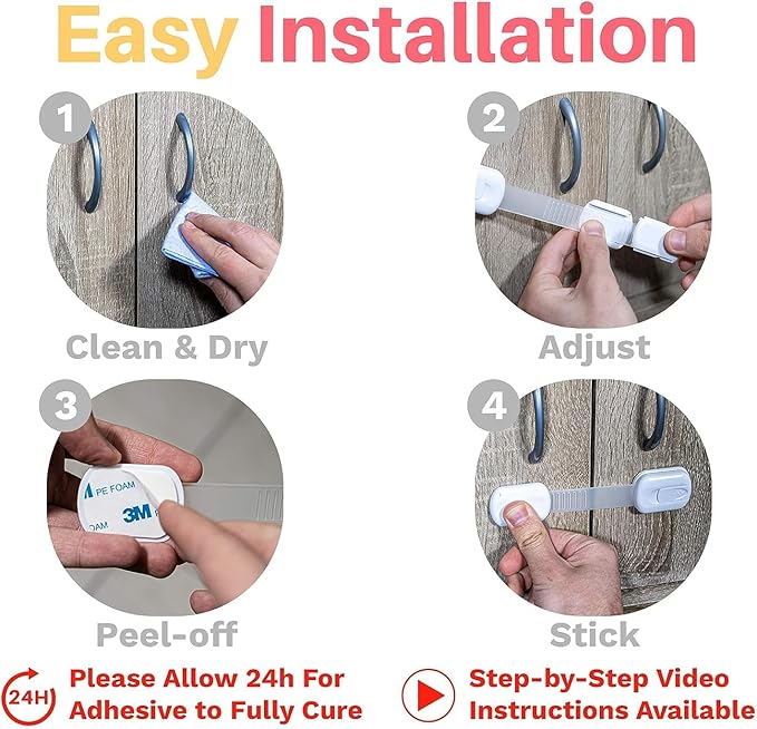 Inaya 12-Pack Child Proof Locks for Cabinet Doors, Drawers, Fridge, Toilet Seat, Dishwasher, Trash Can, Cupboard - 3M Adhesive - No Drilling - Baby Proofing Cabinet Locks