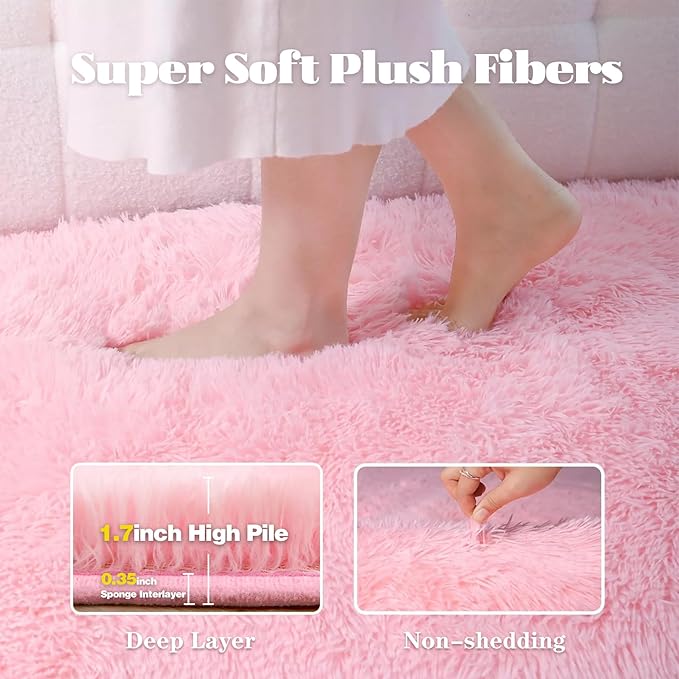 2x6 Runner Rug for Bedroom: Fluffy Shag Soft Washable Rugs Small Fuzzy Plush Indoor Carpet for Hallway Bedside Dorm Kids Girls Boys Room (Pink, 2'x6')