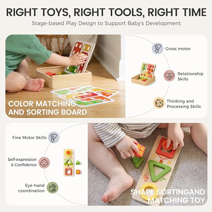 Tiny Land Montessori Toy Set for Babies 18-24 Months Investigator Play Kit- 4-in-1 Wooden Learning Toys with Color Sorting, Lacing Beads, Shape Matching, and Seasons Puzzles