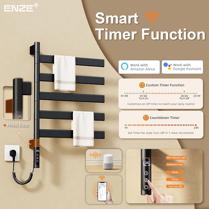 ENZE Smart Rotating Heated Towel Rack for Bathroom, Wall-Mounted Electric Towel Dryer with Swivel Bars, Smart Timer, Low Carbon Steel, IPX5, Plug-in/Hardwired, Towel Warmer with Wi-Fi App Control