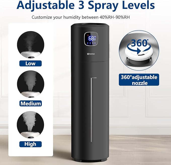 Large Humidifiers for Bedroom, 9L/2.5Gal Ultrasonic Cool Mist, Easy Clean with 350ML/H Large Mist Speed, Quiet Tower, Suitable for Kids Room Plant Yoga (Black)