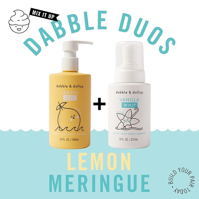 Dabble & Dollop Lemon + Vanilla Body Wash & Shampoo – 3-in-1 Natural Bubble Bath for Kids, Made in USA, No Parabens or Sulfates, Vegan, Gluten-Free, Tear-Free (2-Pack)