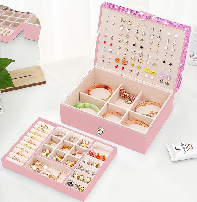 Jewelry Box for Earrings for Girls Jewelry Organizer Box Earring Holder Organizer for Girls Earring Box Jewelry Box Stud Earring Organizer for Girls Earring Jewelry Boxes for Women Pink Bling