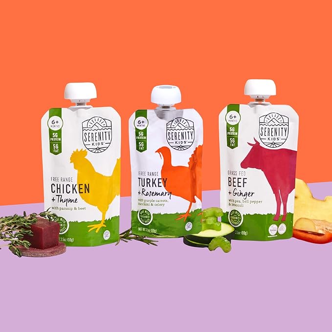 Serenity Kids 6+ Month Baby Food Puree Pouches with Ethically Sourced Meat & Organic Veggies - 3.5 Oz BPA-Free Pouch - Free Range Turkey, Rosemary, Carrot, Zucchini - 6-Pack Turkey Infant Food