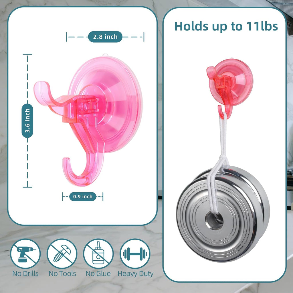 Antimbee Suction Hooks, 5 Pack Clear Hanger, Removable Small Suction Cups for Shower, Bathroom, Glass, Door, Windows, Kitchen - Up to 11 lbs on Smooth Surface - 2 Hooks Design (Transparent Pink)