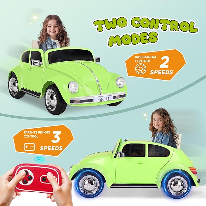 12V Kids Electric Car, Power Wheels with Remote Control, Ride on Car Toys with LED Light, 3 Speeds, Music, Green