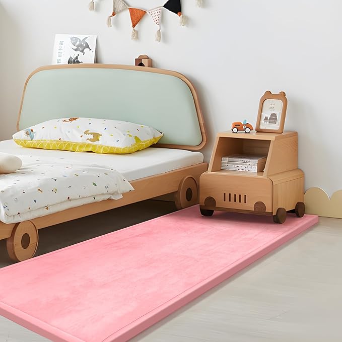 Play Mat for Babies Toddlers,1.3" Thick Elasti-Foam Anti-Fall Cushion Mat for kids Room,28×72 Bedroom Bedside Rugs,Water-Repellent Soft Coral Velvet,Non-Slip(Pink)