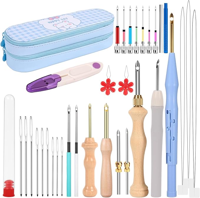35Pcs Punch Needle Kit Adult Beginner, Adjustable Punch Needle Tool with Different Size Needles & Storage Case, Wooden Handle Embroidery Pen Set for Decoration, Gifts & DIY Craft Project