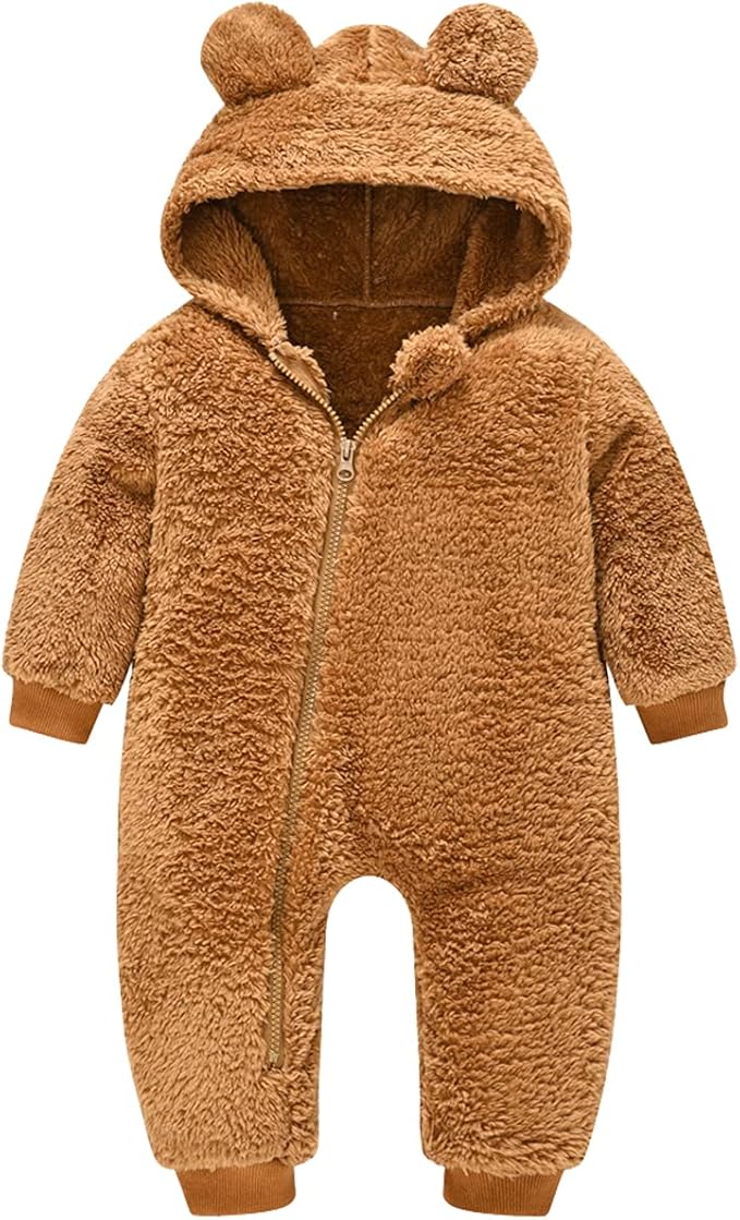 Baby Fleece Jumpsuits Infant Bear Ear Snowsuit Newborn Hooded Romper Warm Coat