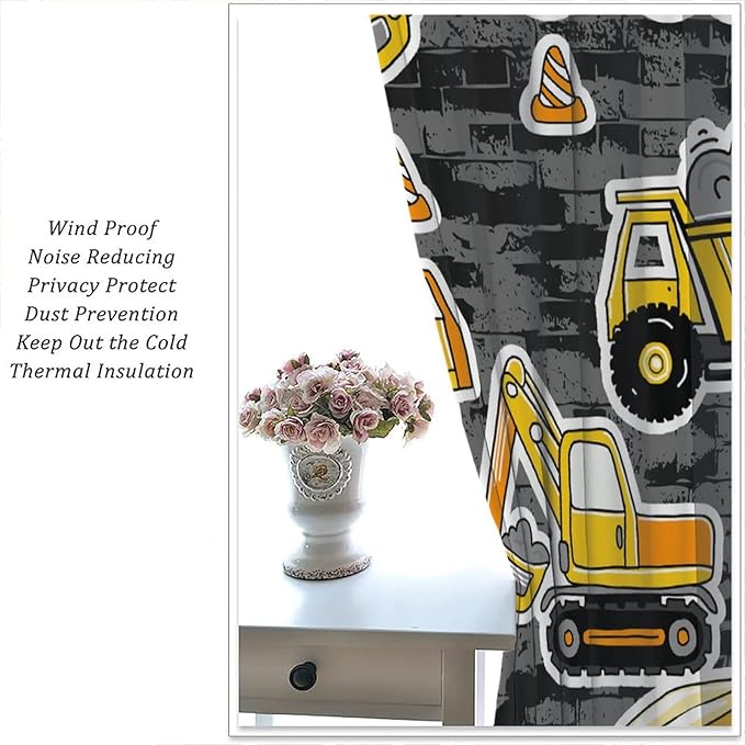 Kids Construction Excavator Window Curtains, Yellow Excavator Transporter Truck Cartoon Vehicles Rod Pocket Decorative Window Curtain for Children Teens Room 55x63in (30% Blackout)
