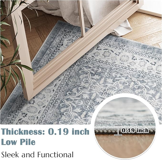 jinchan Floral 8x10 Area Rugs for Living Room - Machine Washable Vintage Distressed Boho Design Throw Rug Stain Resistant Carpet Low-Pile Thin Non-Slip for Bedroom Dining Room Nursery (8‘x10',Grey)