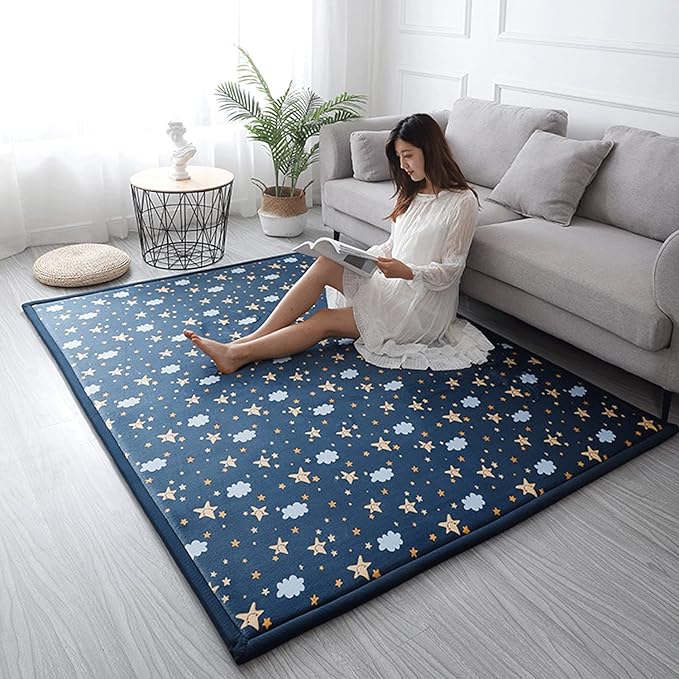 Loartee Coral Velvet Area Rug - 1" Thick Memory Foam Baby Play Mat, Washable Toddler Carpet, Home Decor for Living Room, Nursery, Kids Bedroom, Starry Blue, 4'11"x6'7"