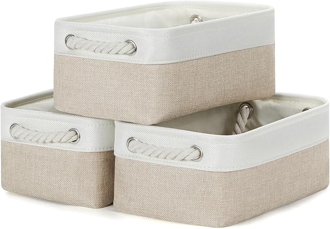 Bidtakay Small Baskets Fabric Storage Baskets for Organizing 3-Pack 12x8x5 Inch Collapsible Storage Bins for Shelves Canvas Bins for Closet Organization Baskets Storage Linen Closet S-White&Beige