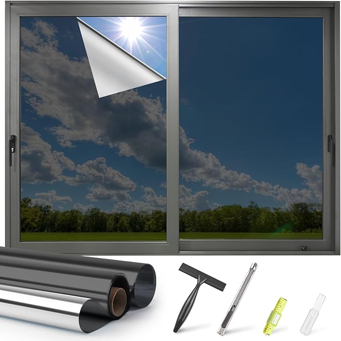 Kromapolis One Way Window Privacy Film Reflective Mirror Home Window Tint, Daytime Privacy Heat Control Anti UV Glass Tinting Static Cling (Black-Silver, 17.5 x 157.4 inch)