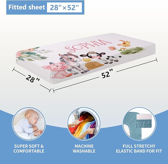 Personalized Baby Bedding Set, 5 Pcs Custom Crib Set With Name, Double Layer Nursery Bedding, Soft Farm Animal Set for Boy Girls, Customized Gift for Toddler Infant