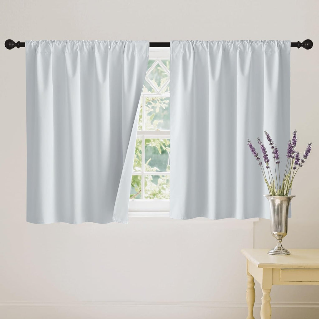 RYB HOME 100% Blackout White Short Curtains, Thermal Insulated Total Room Darkening Noise Reducing Curtains Tier for Cafe Kicthen Basement, 52 inches Wide by 36 inches Long
