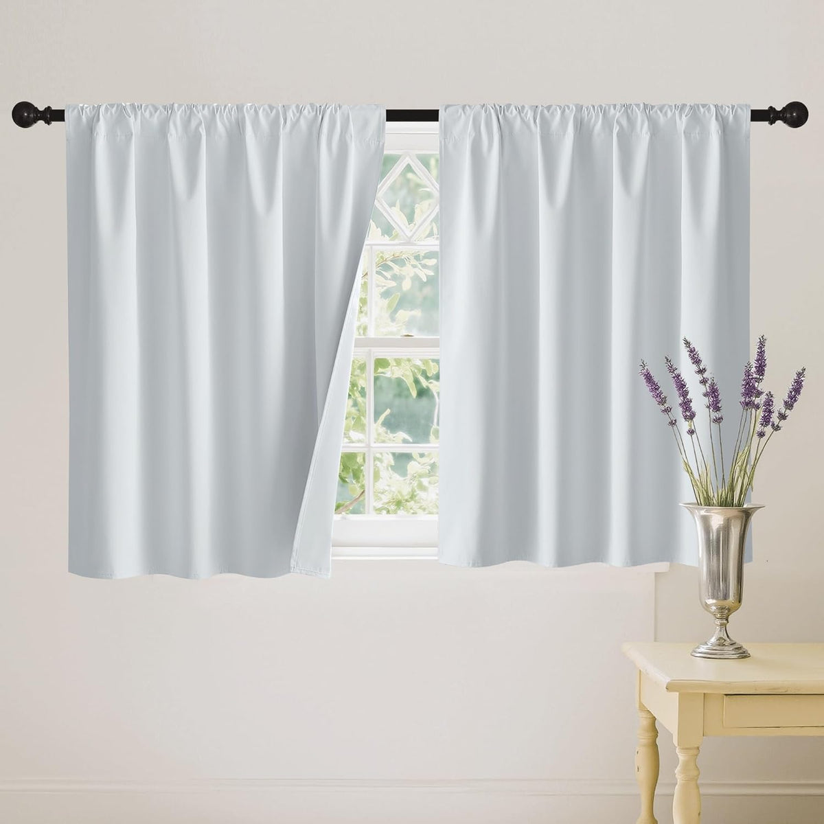 RYB HOME 100% Blackout White Short Curtains, Thermal Insulated Total Room Darkening Noise Reducing Curtains Tier for Cafe Kicthen Basement, 52 inches Wide by 36 inches Long