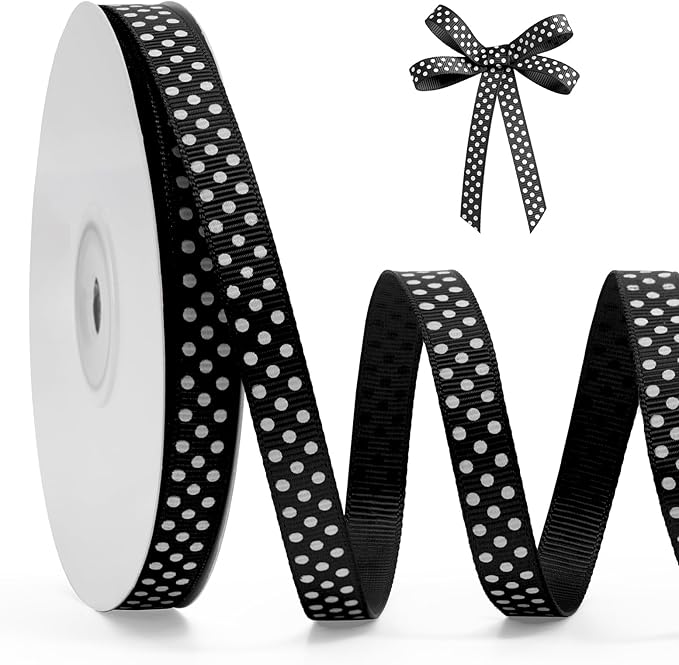 Polka Dot Grosgrain Ribbon 3/8 Inch, 25 Yards Spool Black and White Dot Craft Ribbon for Christmas Gift Wrapping DIY Crafts Hair Bows Wedding Party Decor Sewing and Home Decoration