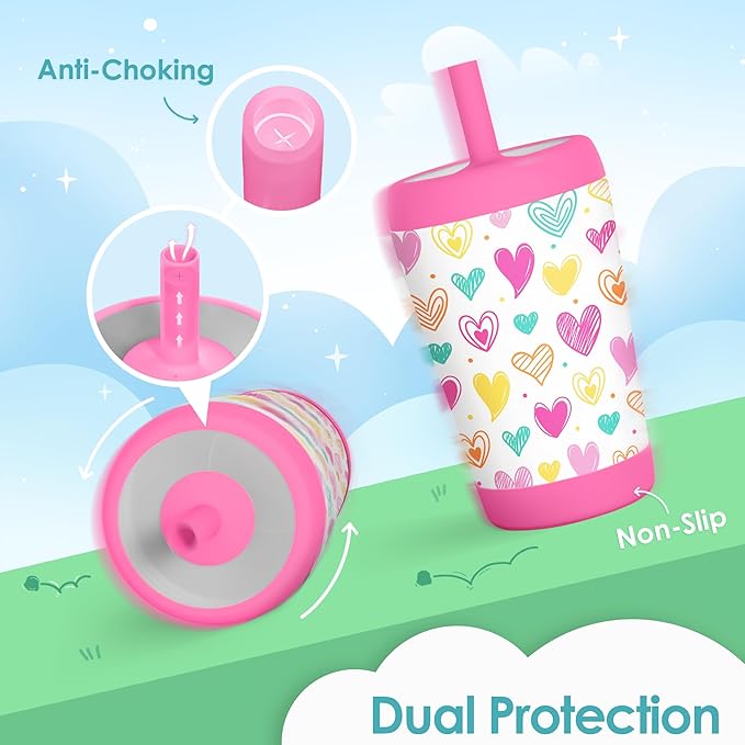 Kid Insulated Stainless Steel Tumbler with Silicone Straw, 12oz Sippy Cup for Kids (Playful Hearts)
