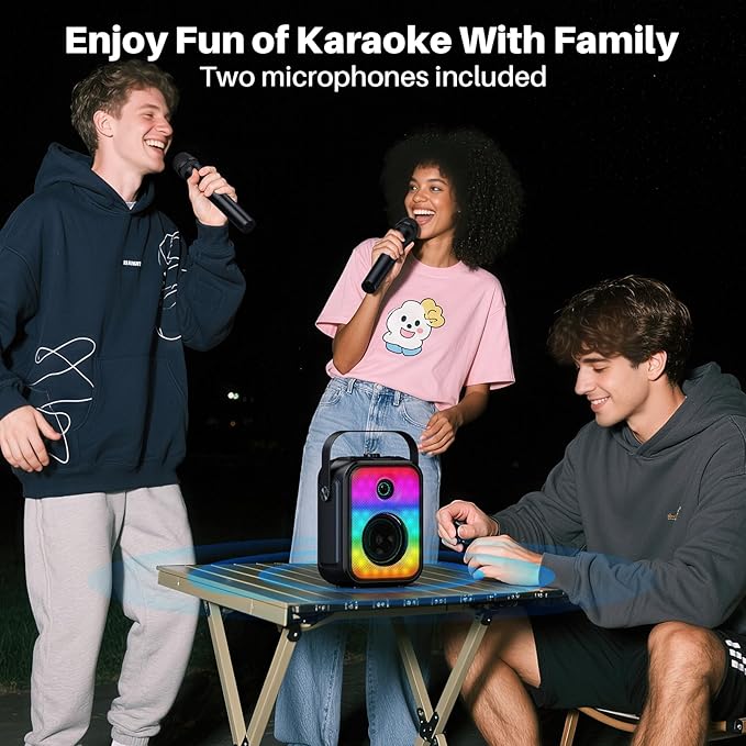 Karaoke Machine, Portable Bluetooth Speaker with 2 Wireless Karaoke Microphones, Karaoke Machine for Adults Kids with Subwoofer, LED Light Support TWS/FM/USB/AUX for Home Party Outdoor