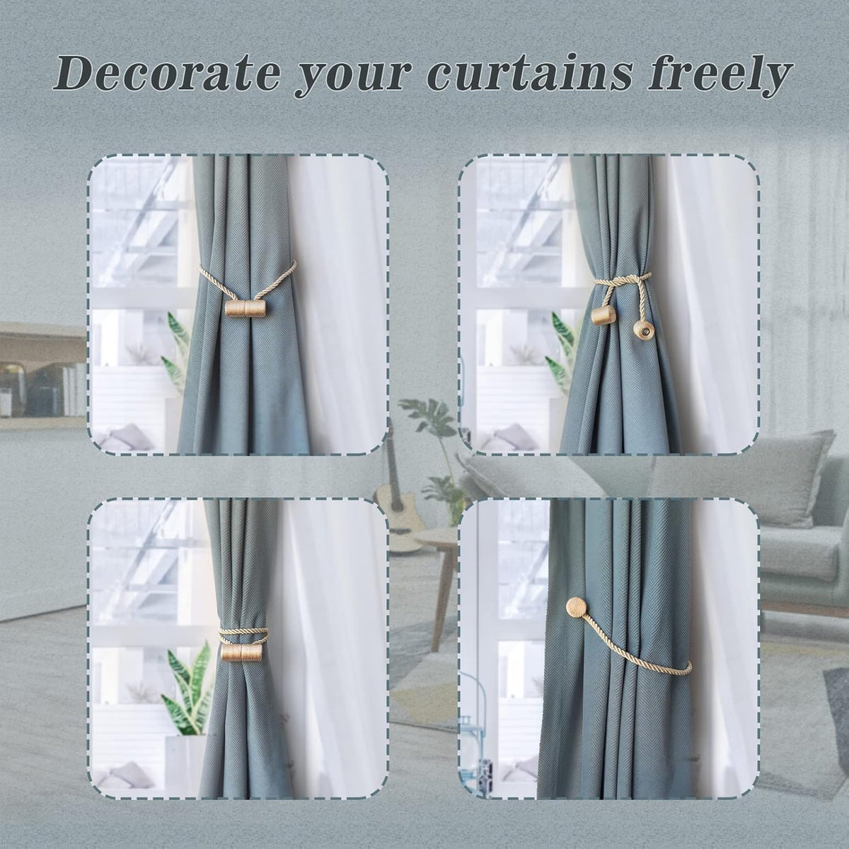 Hion Magnetic Curtain Tiebacks Beige 4 Pack, Curtain Tiebacks Buckles Holdbacks Holders Hooks Clip for Home Bedroom Office