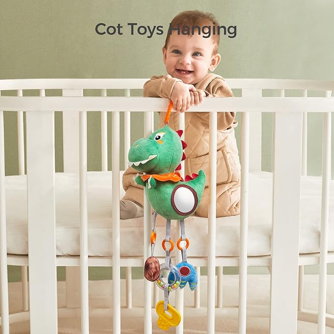 TUMAMA Baby Toys for 3 6 9 12 Months, Dinosaur Hanging Rattle Toys Crinkle Squeaky Sensory Toys with Mirror, Bell, Car Seat Stroller Mobile Toys for Boys, Girls Newborn Infant Toddler