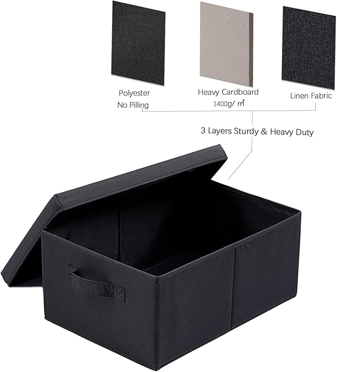 HOONEX Storage Bins with Lids for Organizing, Pack of 2, Storage Boxes with 2 Carrying Handles and Sturdy Heavy Cardboard, 16.5" L x 11.8" W x 7.5" H for Shoes, Books, Clothes, Black