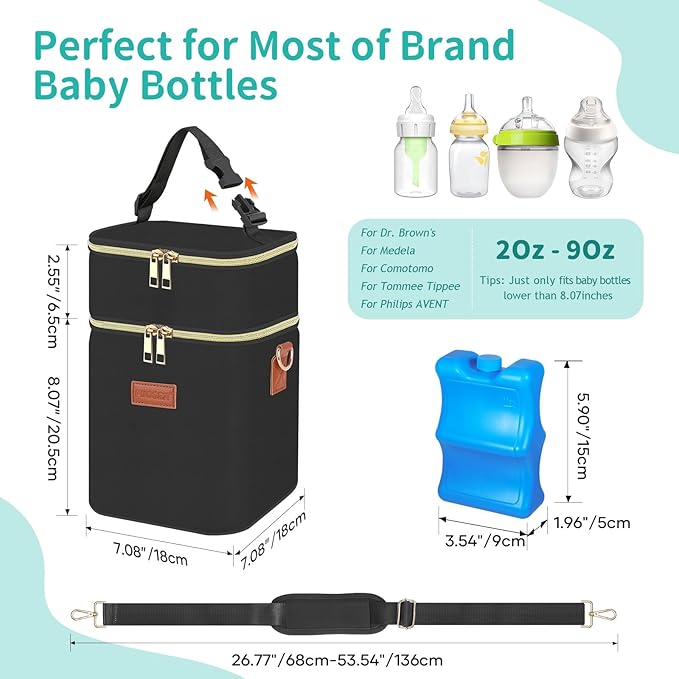 PIIOSER Baby Bottle Tote Bag with Ice Pack, Fits 4 Baby Bottles Up to 9 Ounce, Small Insulated Breastmilk Cooler Travel Bag with Shoulder Strap for Nursing & Working Mom Daycare (Black-S)