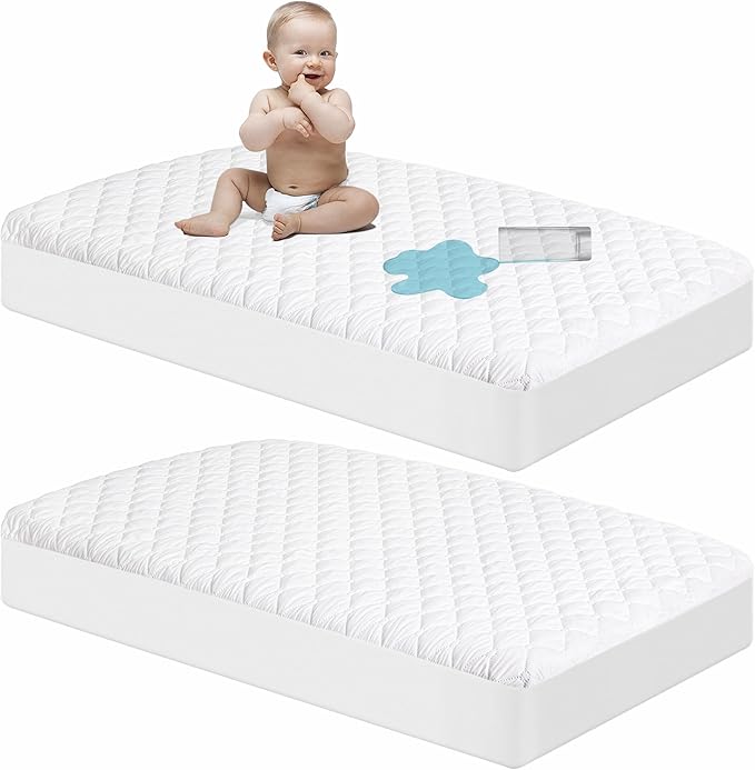 NTBAY 2 Pack Waterproof Crib Mattress Protector, Quilted 28"x52" Toddler Fitted Sheet - Machine Washable - Soft and Breathable Mattress Pad Cover for Crib, Nursery, Daycare, Cot, White