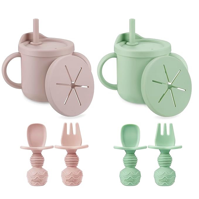 PandaEar 2 Pack Silicone Baby Straw & Snack Cup with 2 Spoons 2 Forks, Dual-Purpose Toddler Training Cups, Pink Green