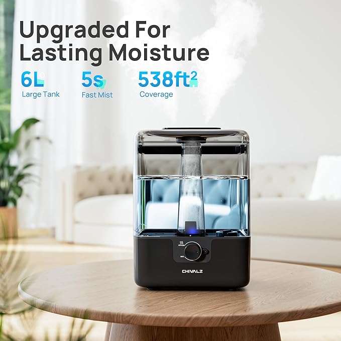 CHIVALZ 6L Humidifiers for Bedroom Large Room Home, Cool Mist Top Fill Humidifiers for Baby Nursery and Plants, 26dB Quiet, Nightlight, Up to 50 Hours, Oil Diffuser 1 Pack + 2 Mist Outlets Black