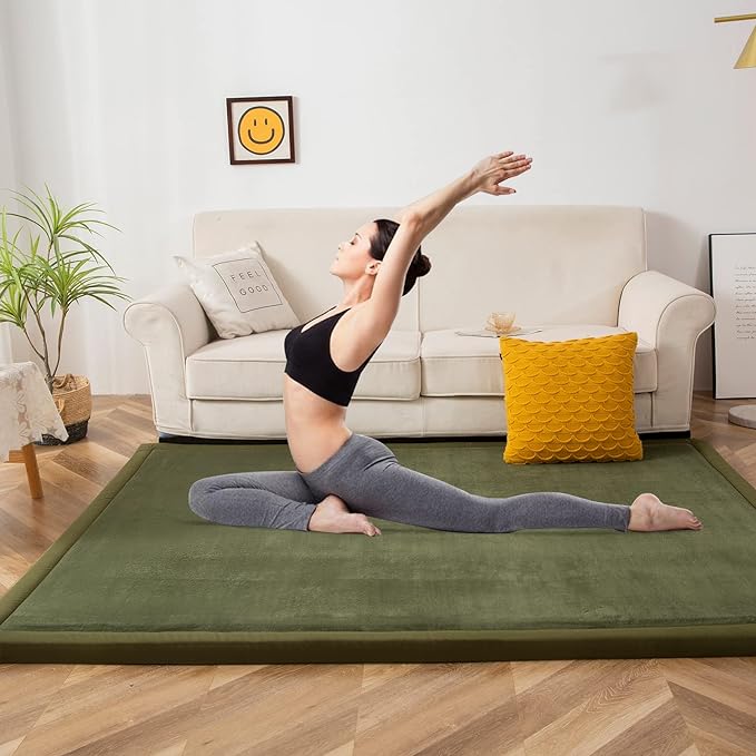 MAXYOYO Coral Velvet Area Rug, Thick Japanese Tatami Mat Living Room Carpet with Non-Slip Backing, Large Solid Color Mat for Bedroom Dormitory Yoga, Olive Green, 78 by 78 inch