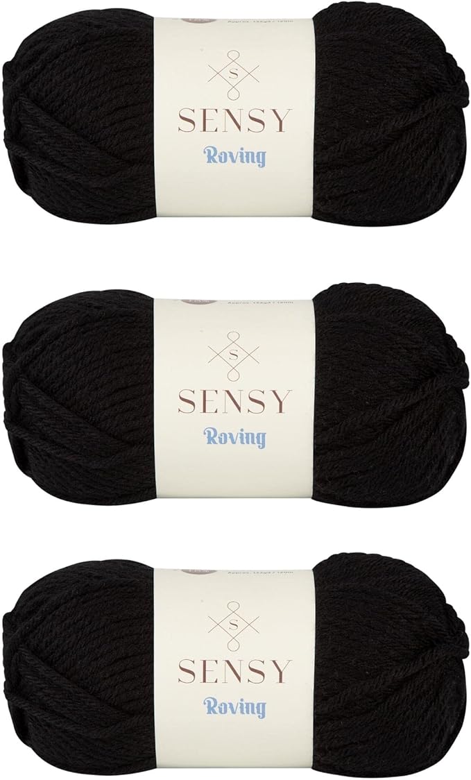3 Skeins of Sensy Roving Yarn, 3.5 oz, 132 Yards, Gauge 5 Bulky (Black)