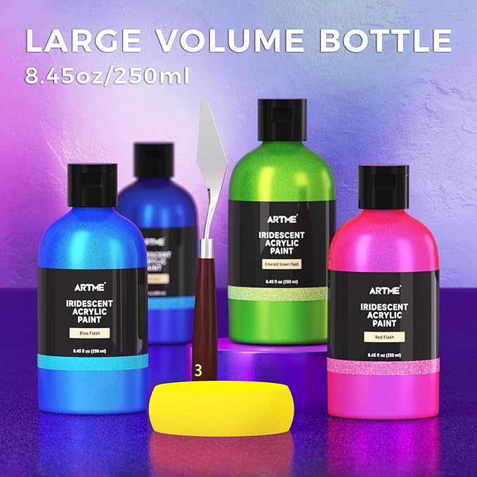 ARTME Iridescent Acrylic Paint Set, 20 Chameleon Colors in 8.45 oz/250ml Bottles, Large Bulk Color-shifting Acrylic Paint Perfect for Artists, Beginners on Canvas, Rocks, Wood, Fabric with Paint Knife