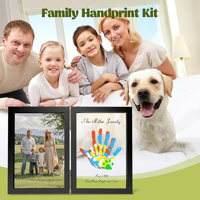 Family Handprint Kit, DIY Baby Hand and Footprint Handmade Keepsake Wooden Frame, Family Gifts with 5 Non-Toxic Baby-Safe Paint, Ideas Gift for New Parents, Grandparents, Father's Day, Mother's Day