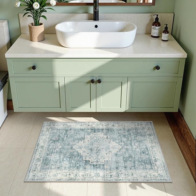 LIVEBOX Washable Rug 2x3 Kitchen Mats for Floor Entryway, Non Slip Front Door Mat for Bathroom Hallway, Boho Low-Pile Small Carpet Farmhouse Throw Indoor Rugs for Bath Sink, Blue
