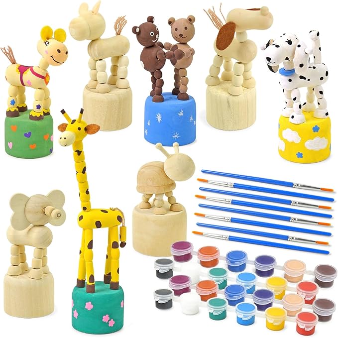 Vileafy Crafts for Kids, Painting Kits for Kids Ages 4-8 with Paints & 8 Brushes, DIY Arts and Crafts for Boys and Girls, Unfinished Wood Figures for Painting Party Favors