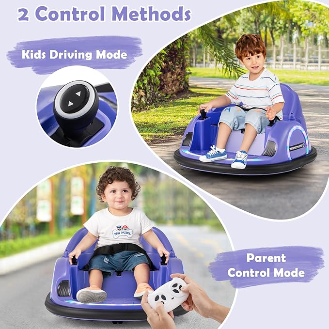 GLACER 12V Bumper Car, Electric Kids Bumper Car w/Parental Remote, 3-Speed, 360°Spin, Music, LED Light, Battery Ride on Bumper Car w/Dual Joysticks, Baby Bumper Car for Toddlers 18 Months+ (Purple)