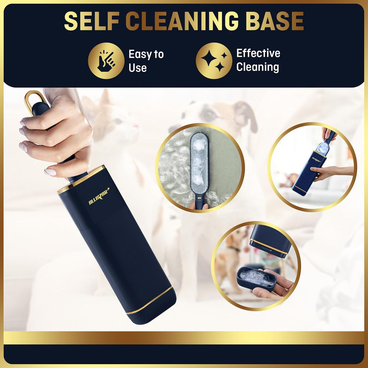 Lint Brush, Lint Remover, and Pet Hair Remover for Laundry, Clothes, Couches, Car Seats, Furniture and Fabric. Reusable Dog and Cat Fur Wizard Hair Removal Brush. ALLISTAR (Midnight Blue)