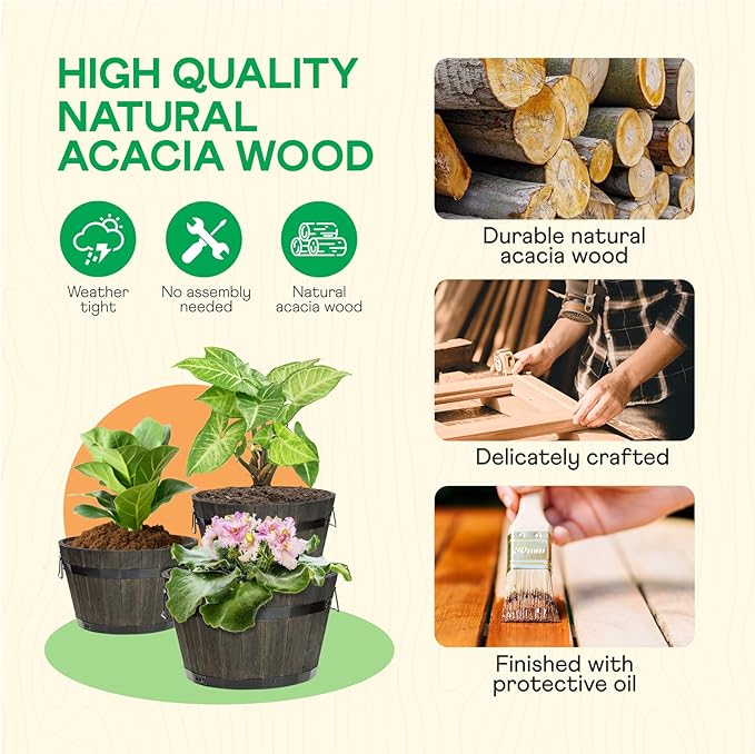 IDZO Set of 3 Wooden Flower Planters for Outdoor Plants, Acacia Wood Barrel Planters, Ergonomic Handles, Drainage Holes, Various Sizes, Black
