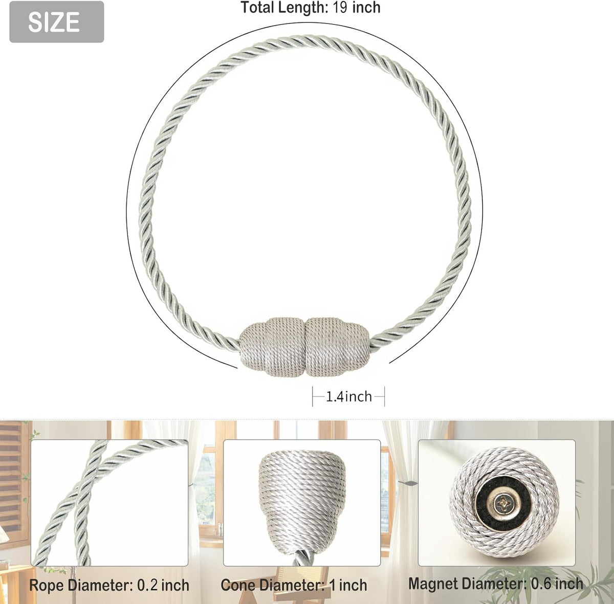 Magnetic Curtain Tiebacks - Rope Tiebacks for Curtains & Drapes, Decorative Window Holdbacks (8 Pack, Grey)