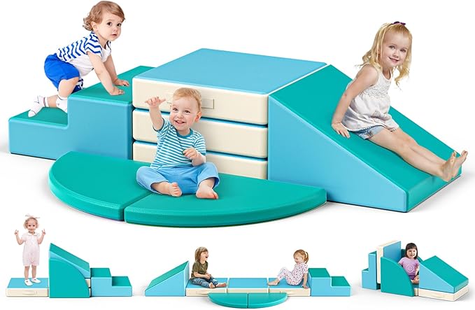 Lischwert Foam Climbing Blocks for Toddlers 1-3, 5pcs Foldable Soft Play Set with Crawling Exploration Toys - Indoor Infant Safe Blocks for Baby Gym & Toddler Playground - Blue