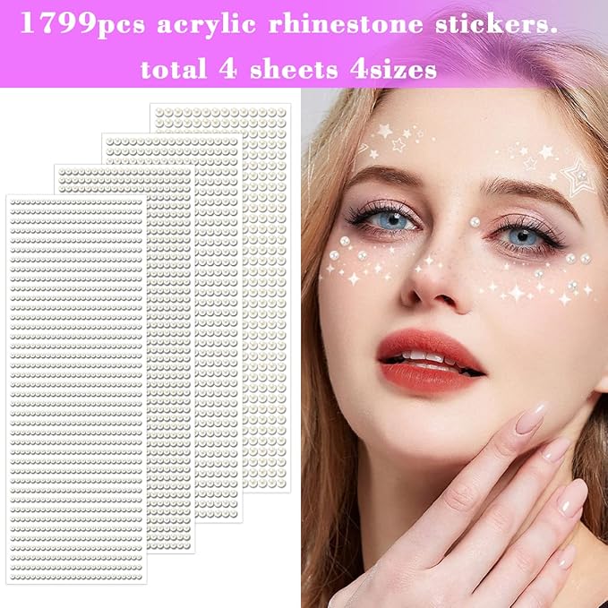 1799pcs Self Adhesive Face Pearl Gems Stickers, Hair Gems Rhinestones Stickers, Bling Jewels for Makeup, Crafts, Home Decor Scrapbooking Embellishments, 4 Sizes 3mm/4mm/5mm/6mm(Beige Pearl)
