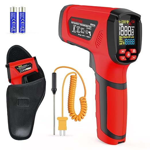 -40℉~2912℉ MESTEK Infrared Thermometer Temperature Gun,50:1 Dual Laser High Temp Thermometer with Thermocouple Probe, Non-Contact Industrial Pyrometer for Engine, Kiln, Forging,Humidity Measurement
