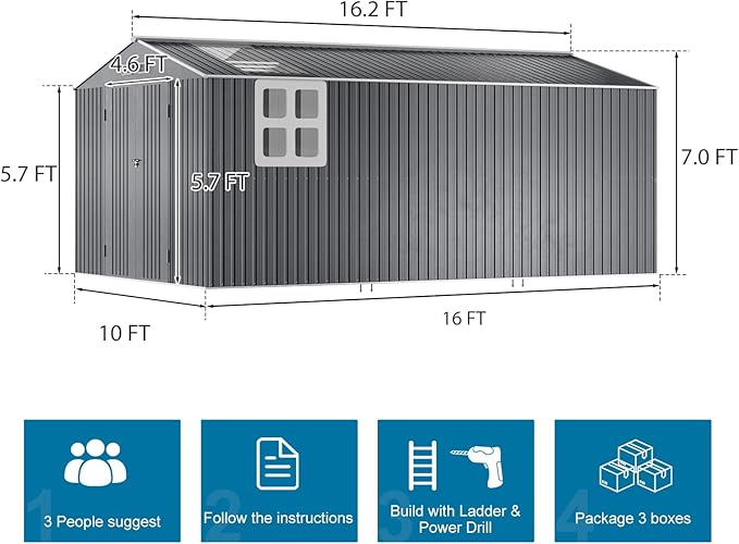 10x16 FT Metal Outdoor Shed Extra Large Waterproof Tools Storage House with Skyview Windows Air Vent Reinforced Frame for Outside Garden Backyard to Store Bikes,Lawnmower,Garage,Dark Grey