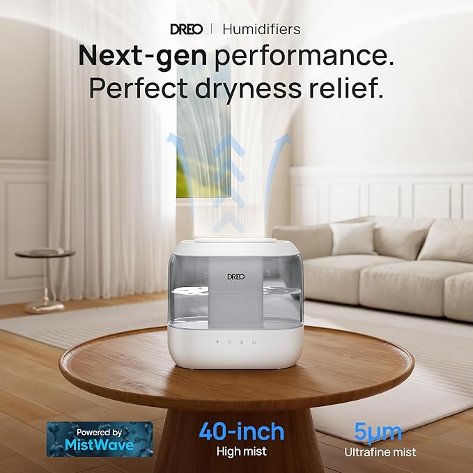 Dreo Top Fill 4L Humidifiers for Bedroom, 36H Runtime, 28 dB Quiet Cool Mist Supersized Air Humidifier for Large Room, Plants, Baby Nursery, Indoor, Night Light, Easy to Clean & Fill, Gray